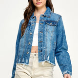 Medium Wash Distressed Raw Hem Denim Jacket