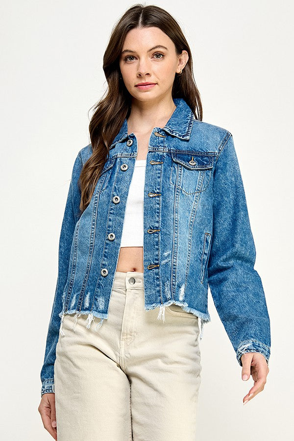 Medium Wash Distressed Raw Hem Denim Jacket