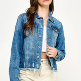 Medium Wash Distressed Raw Hem Denim Jacket