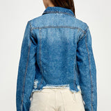 Medium Wash Distressed Raw Hem Denim Jacket