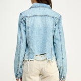 Light Wash Distressed Raw Hem Denim Jacket