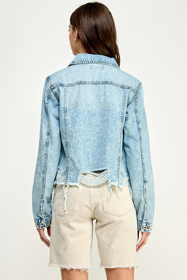 Light Wash Distressed Raw Hem Denim Jacket