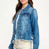 Medium Wash Distressed Raw Hem Denim Jacket
