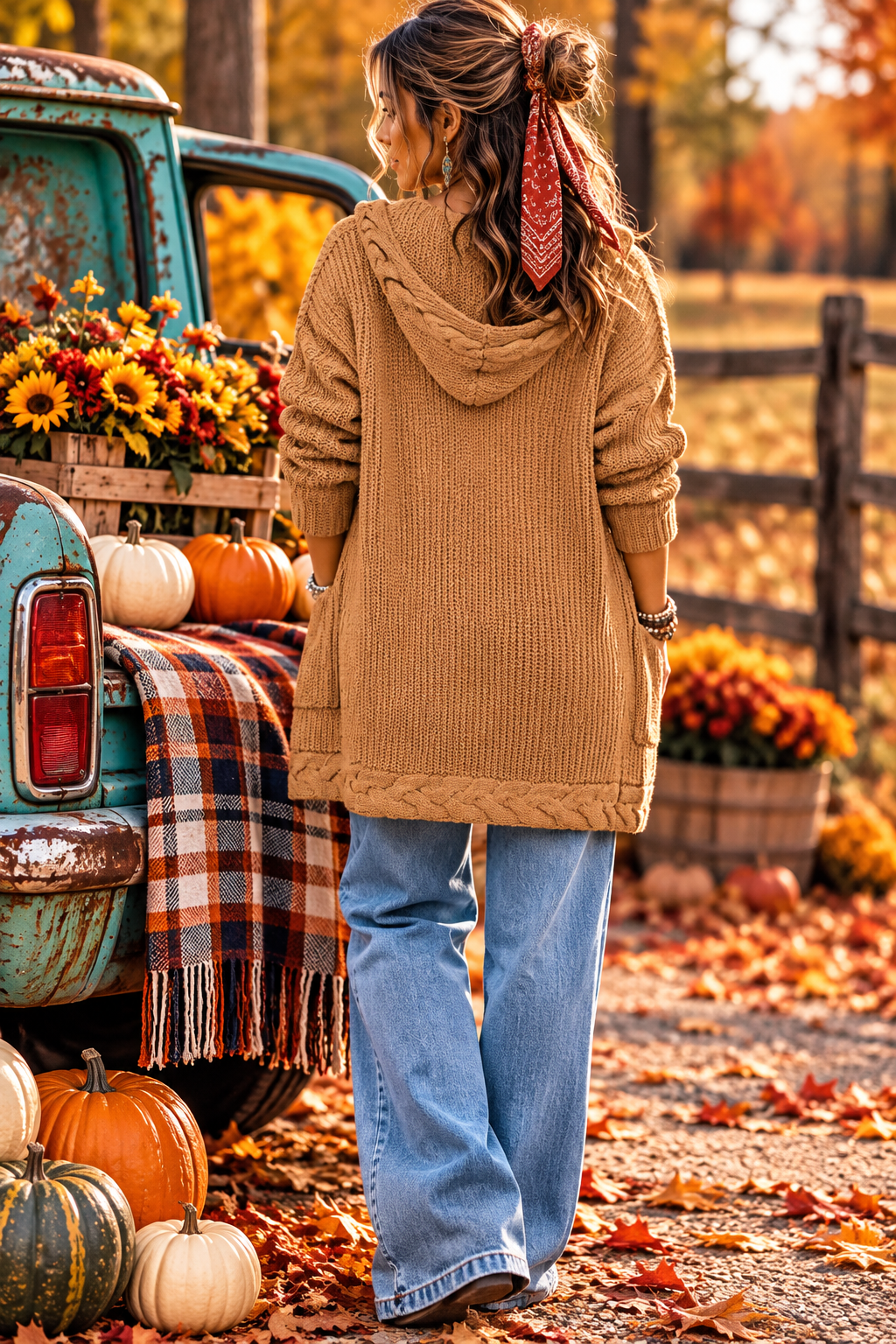 Cable Knit Hooded Cardigan with Pockets — Camel