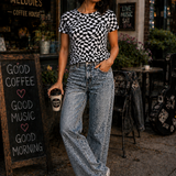 Black Checkered Print Crew Neck Mesh T Shirt