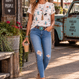 Beige Western Cactus Print Crew Neck Short Sleeve Top