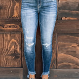 Dark Blue Slim Frayed Hemline Ripped Jeans