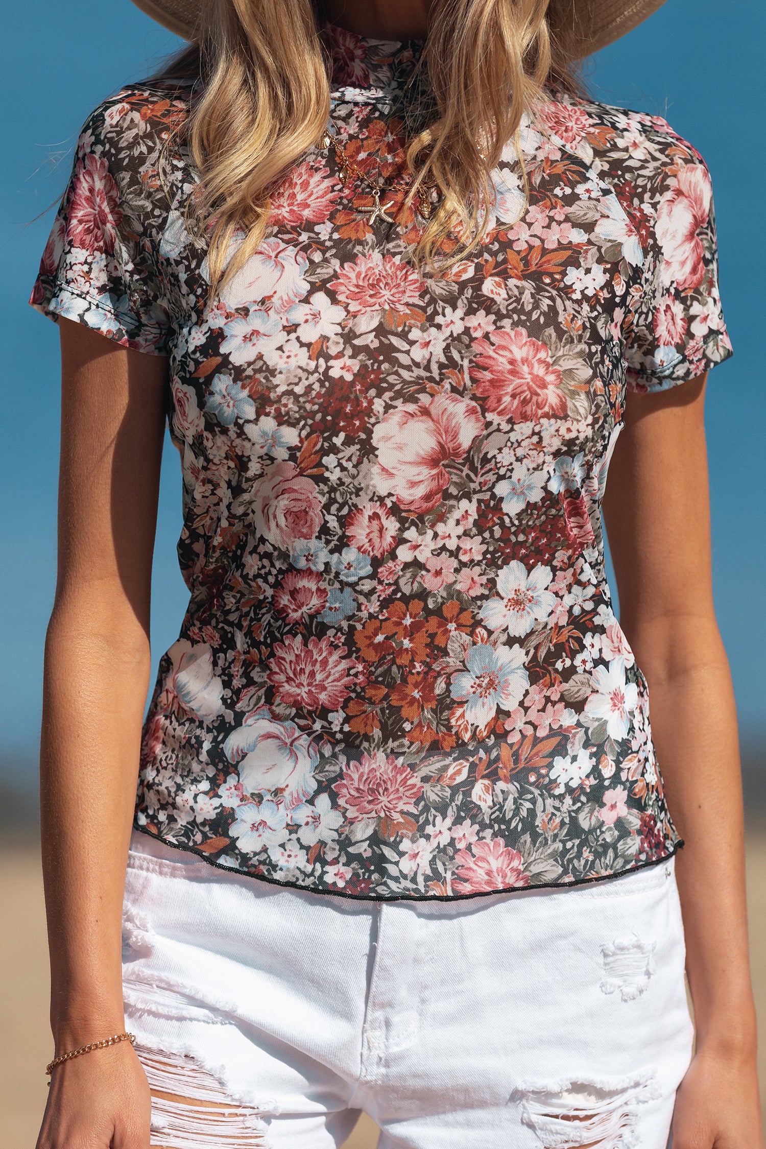 Brown Floral Mesh Mock Neck Top