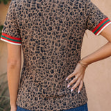 Brown Leopard Jacquard Striped Patchwork Half Zip Short Sleeve