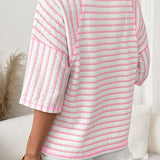 Pink Stripe Textured Knit Split Hem Half Sleeve Loose Top