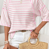 Pink Stripe Textured Knit Split Hem Half Sleeve Loose Top
