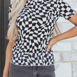 Black Checkered Print Crew Neck Mesh T Shirt