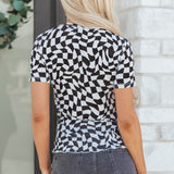 Black Checkered Print Crew Neck Mesh T Shirt