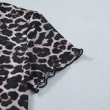 Khaki Leopard Print Sheer Mesh Short Sleeve Top