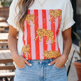 White Cheetah Striped Print Retro Fashion Graphic Tee