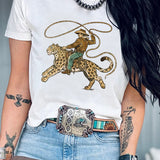 White Leopard Rodeo Cowboy Graphic Casual Tee