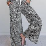 Gray Leopard Wide Leg Drawstring Pants