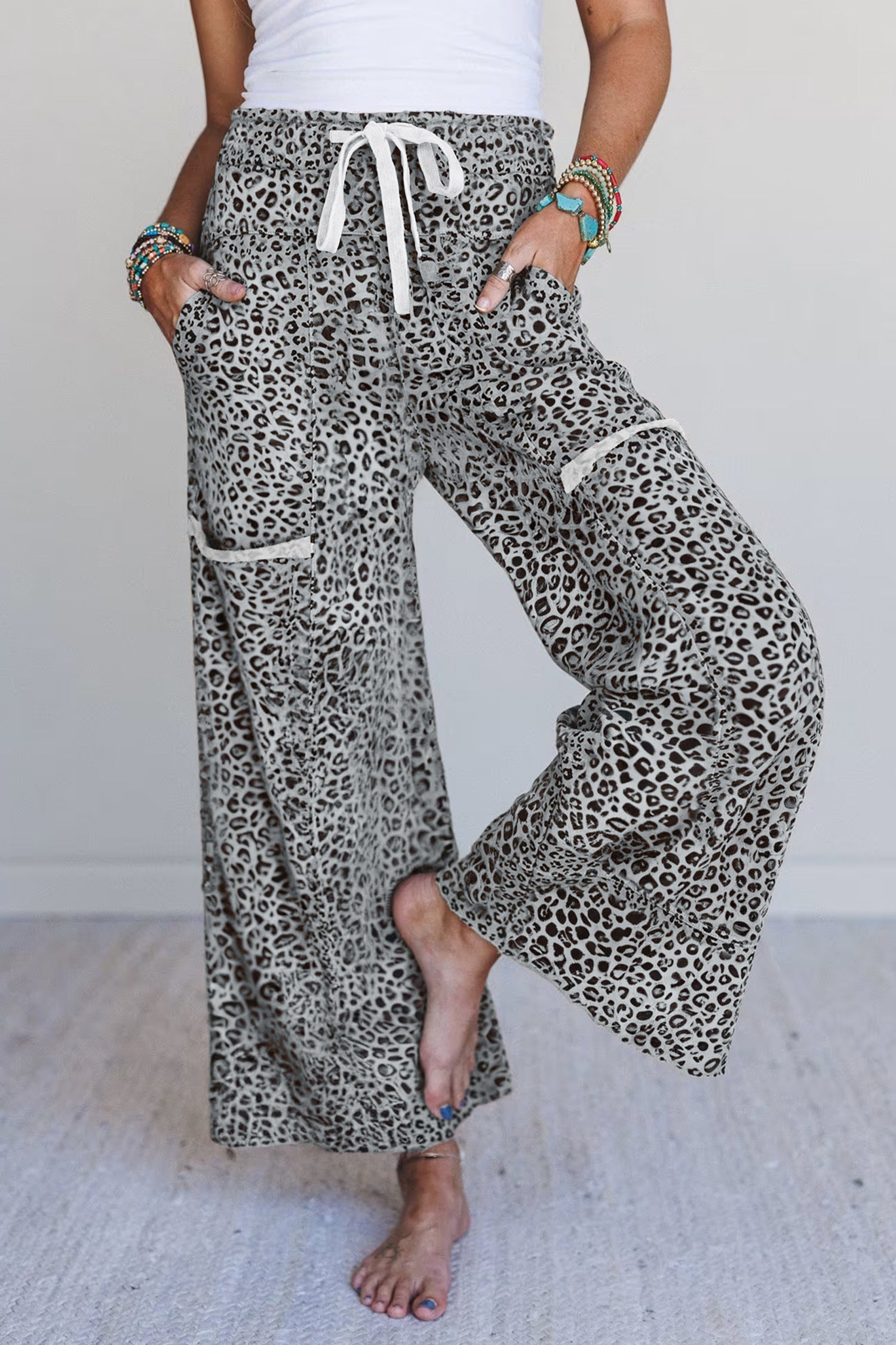 Gray Leopard Wide Leg Drawstring Pants