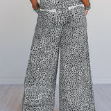 Gray Leopard Wide Leg Drawstring Pants