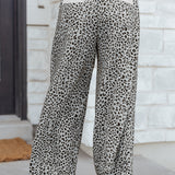 Gray Leopard Wide Leg Drawstring Pants