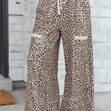 Khaki Leopard Wide Leg Drawstring Pants