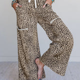 Khaki Leopard Wide Leg Drawstring Pants