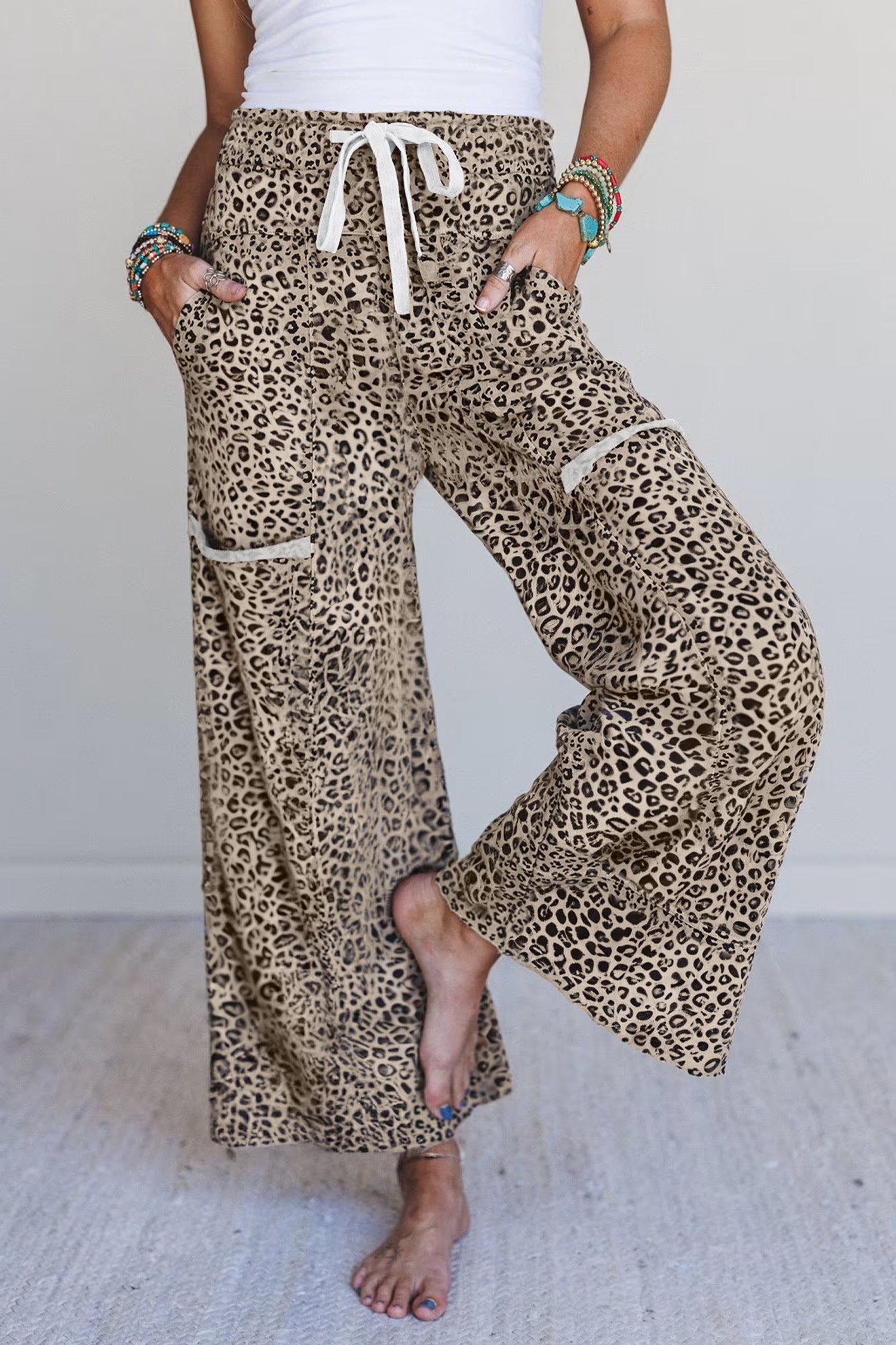 Khaki Leopard Wide Leg Drawstring Pants