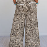 Khaki Leopard Wide Leg Drawstring Pants