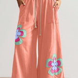 Grapefruit Orange Floral Patchwork Wide Leg Pants