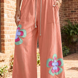 Grapefruit Orange Floral Patchwork Wide Leg Pants