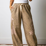 Khaki Leopard Print Star Patched Drawstring Elastic Waist Jogger Pants