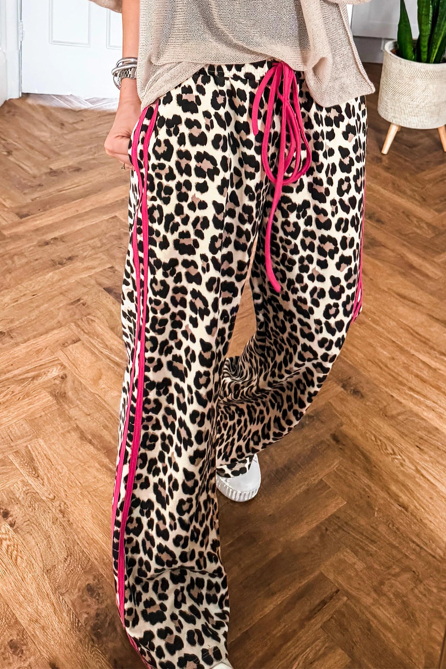 Leopard Pink Side Stripe Wide Leg Pants