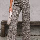 Brown Leopard Frayed Edge Wide Leg High Waist Jeans