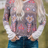 Khaki Geometric Aztec Solid Contrast Top