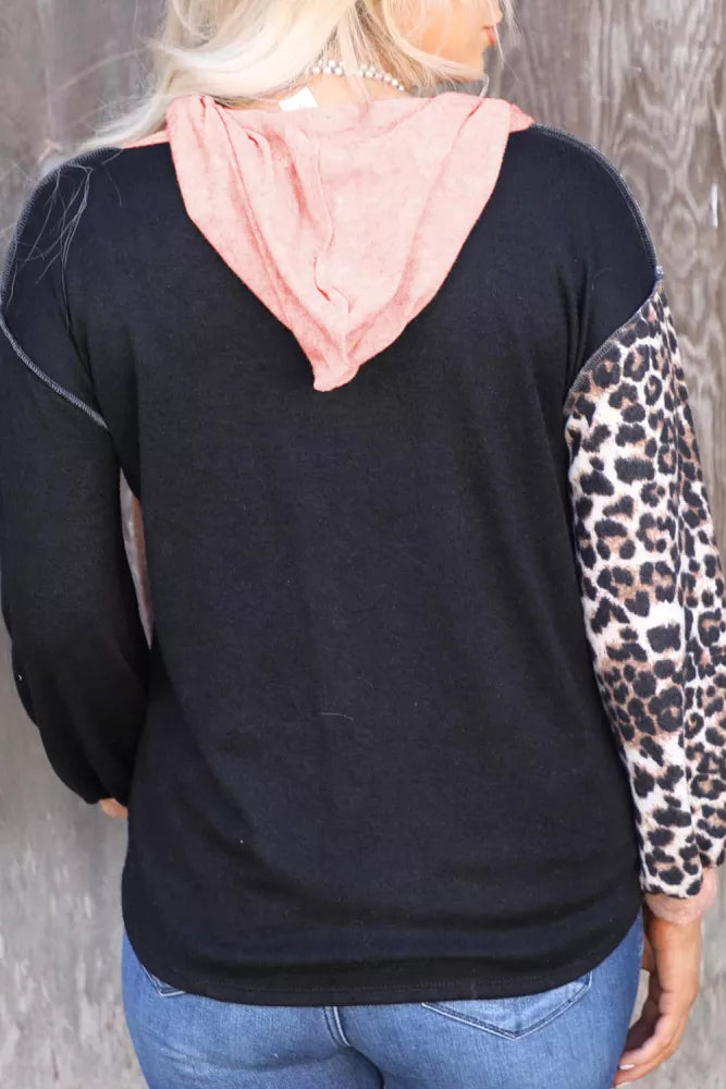 Black Leopard Patchwork Buttoned Hooded Shirt