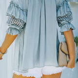 Sky Blue Split Neck Crochet Peasant Blouse