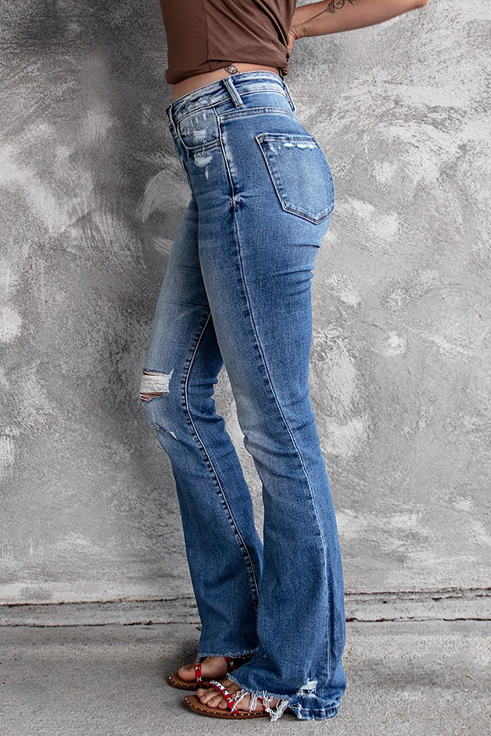 Blue Distressed Hippie Flare Jeans