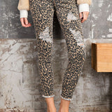 BROWN ANIMAL PRINTED SELF DISTRESSED ANKLE STRETCH PANTS