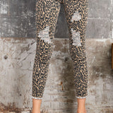 BROWN ANIMAL PRINTED SELF DISTRESSED ANKLE STRETCH PANTS