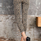 BROWN ANIMAL PRINTED SELF DISTRESSED ANKLE STRETCH PANTS