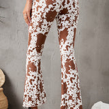 Brown Cow Print High Waisted Flared Pants