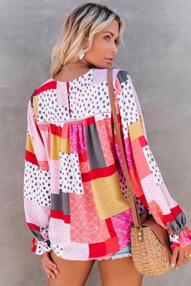 Multicolor Polka Dot Geometric Patchwork Long Sleeve Blouse