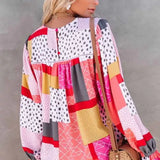 Multicolor Polka Dot Geometric Patchwork Long Sleeve Blouse
