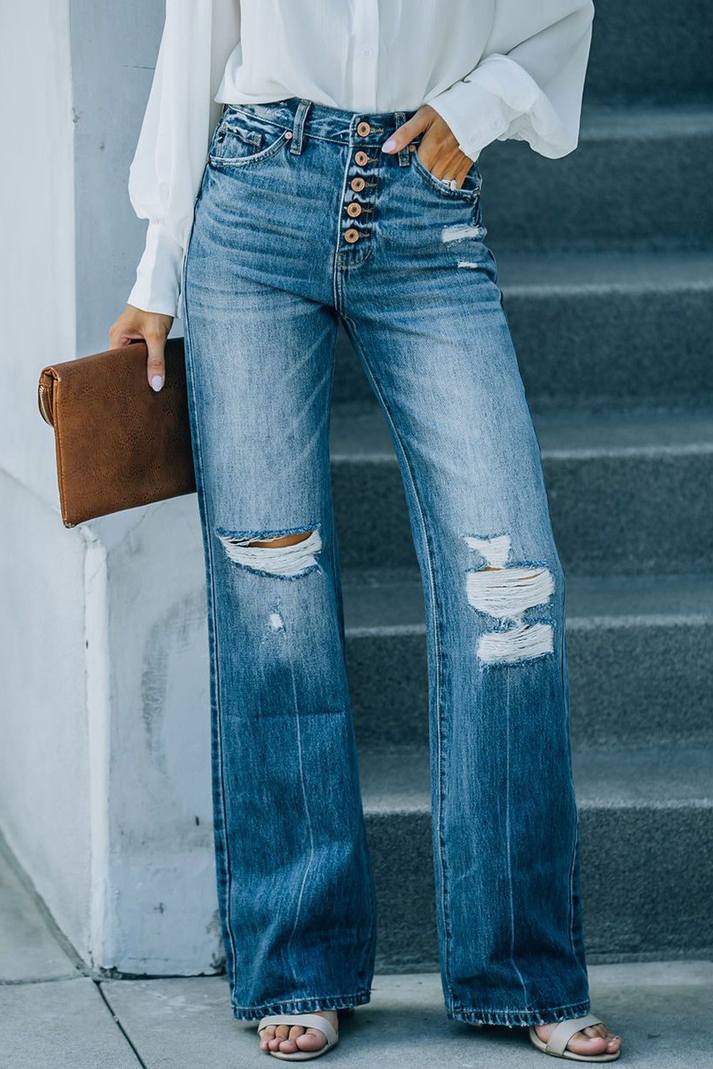 High Waist Buttons Distressed Flare Denim Pants