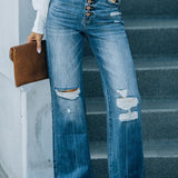 High Waist Buttons Distressed Flare Denim Pants