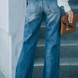 High Waist Buttons Distressed Flare Denim Pants