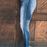Dark Blue Slim Frayed Hemline Ripped Jeans