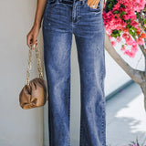 Blue Raw Hem Straight Leg Jeans