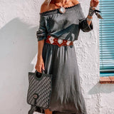 Gray Shirred Off Shoulder Maxi Dress with Split