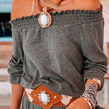Gray Shirred Off Shoulder Maxi Dress with Split